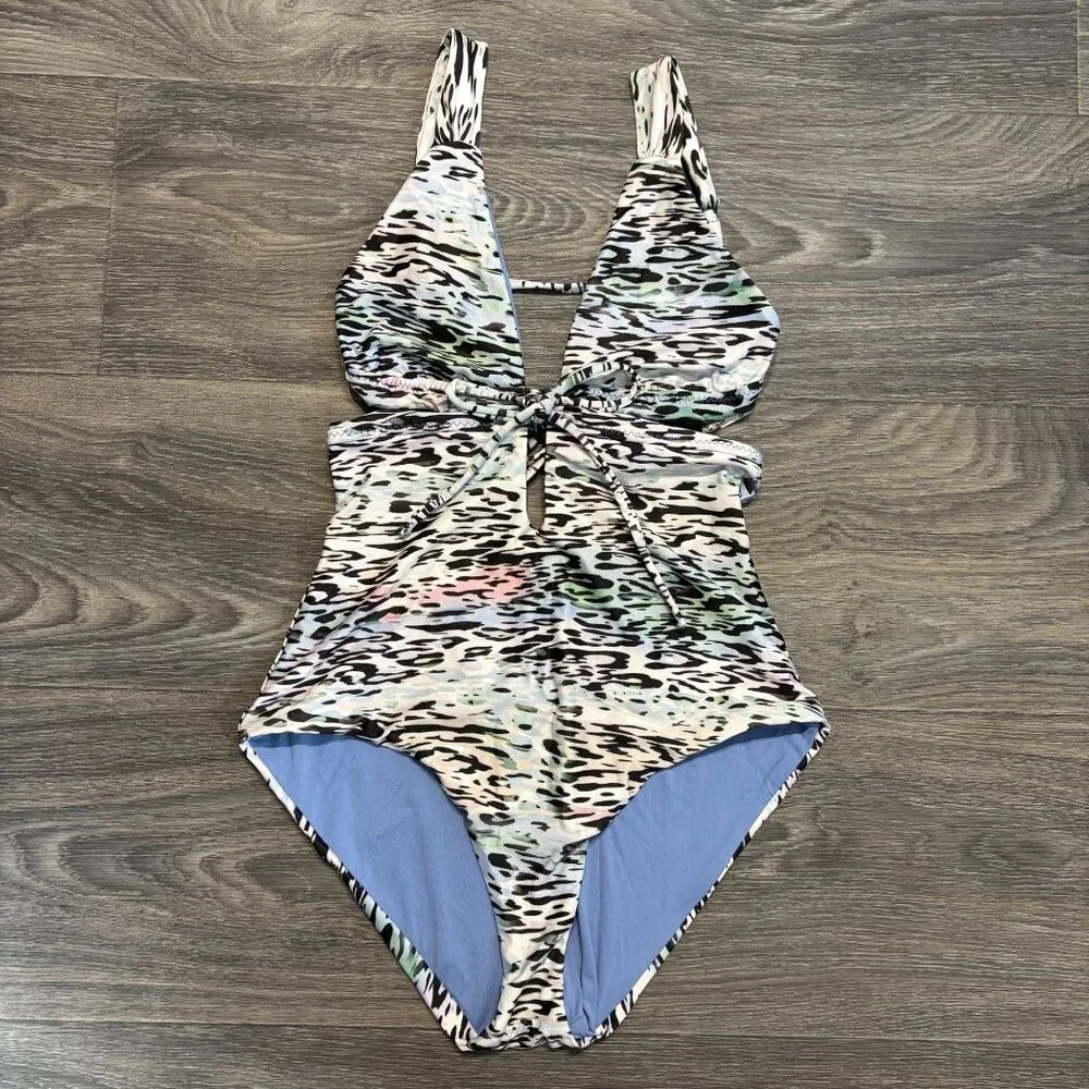 BECCA One Piece Swim Small Animal Instincts Cut Out Bathing Suit Leopard Print